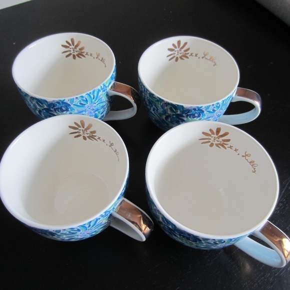 Lilly Pulitzer Tea Cups set of 4 Bule Floral Ceramic golden Handles Ssummer, - Picture 1 of 8